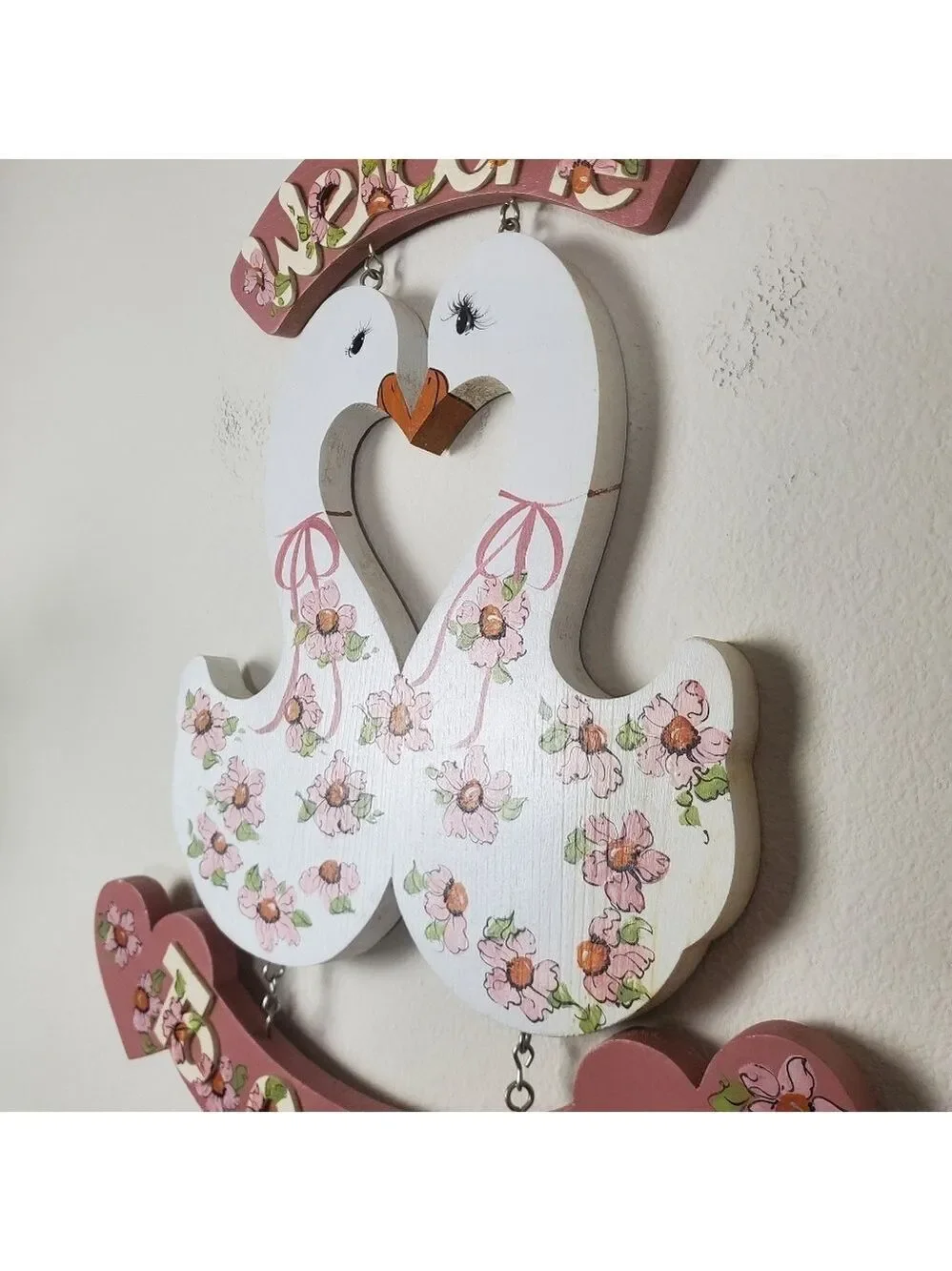 Floral Swan Wooden Wall Sign Pink Hues Hand Painted